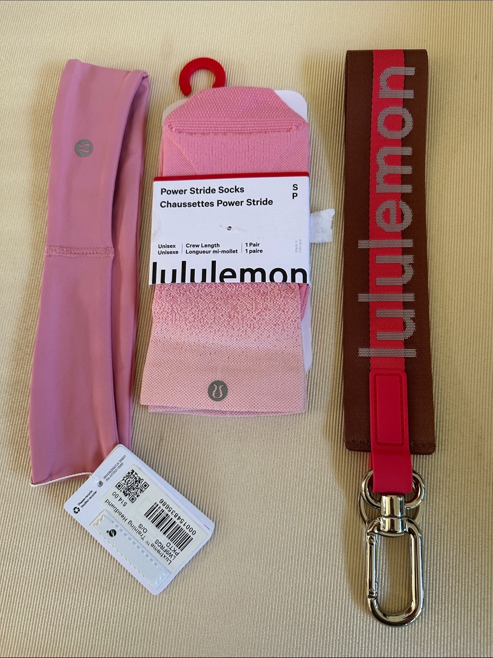 lululemon athletica Pink Headband,Socks, and Brown/Red Never Lost Logo Strap